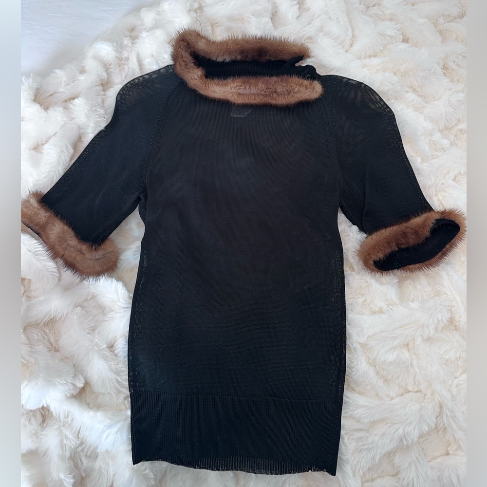 Authentic Herve Leger Black Sweater with Brown mink Trim- limited edition